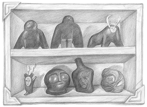 Original illustration of Inuit sculptures by Ismael Carrillo. Featured in The Open Door by Joram Piatigorsky