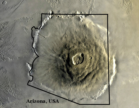 Astronomers believe a region on Mars may still be volcanically active, melting ground ice and creating conditions favorable to life. NASA photo comparing the size of a volcano on Mars to the US state of Arizona